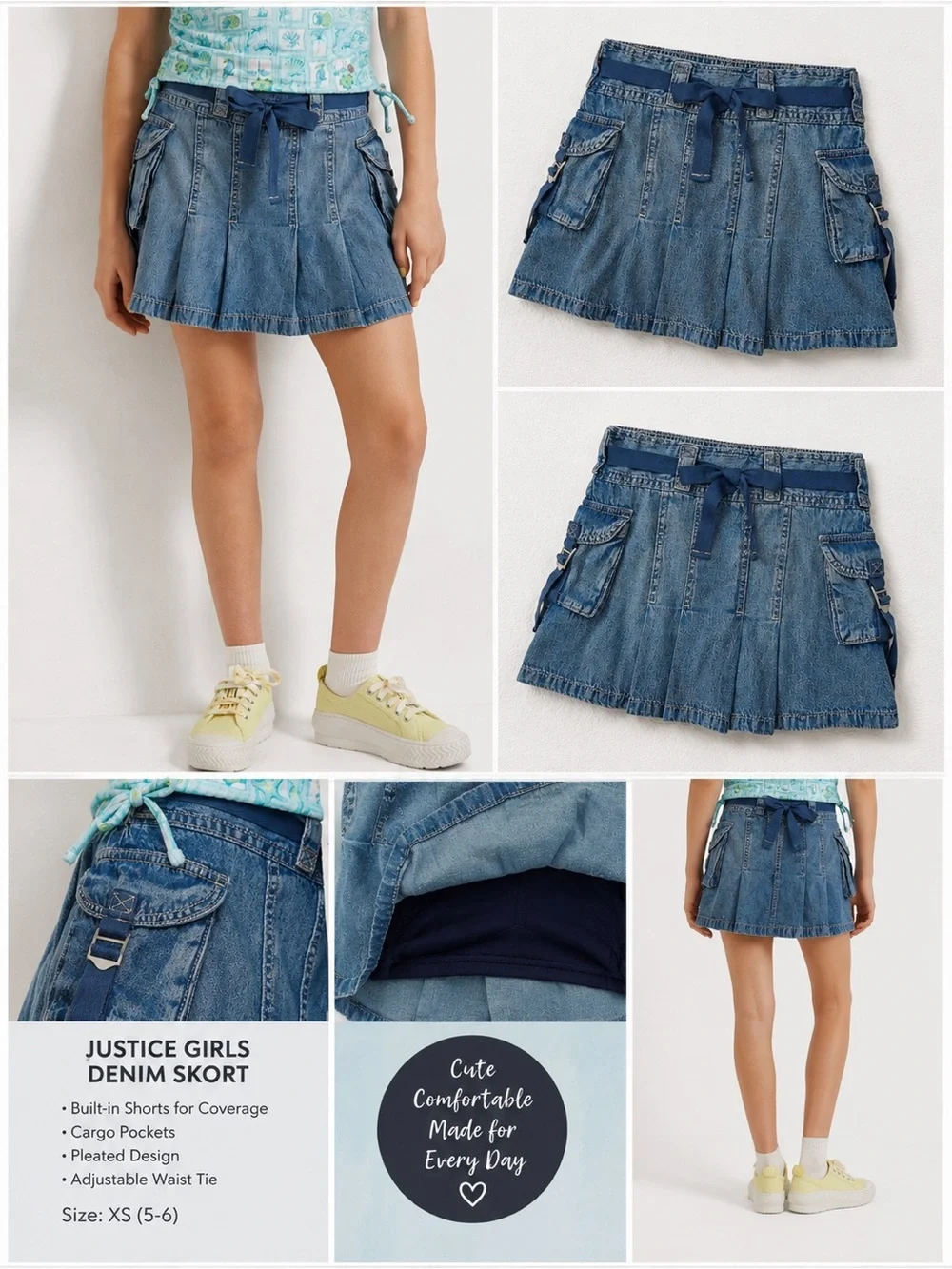 NWT Justice Girls Denim Pleated Cargo Skort Size XS 5/6